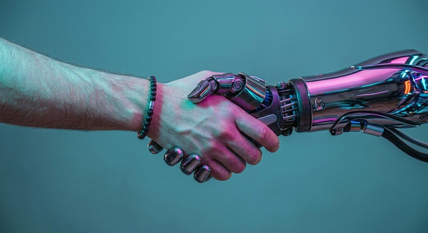 Una mano humana estrechando una mano robótica